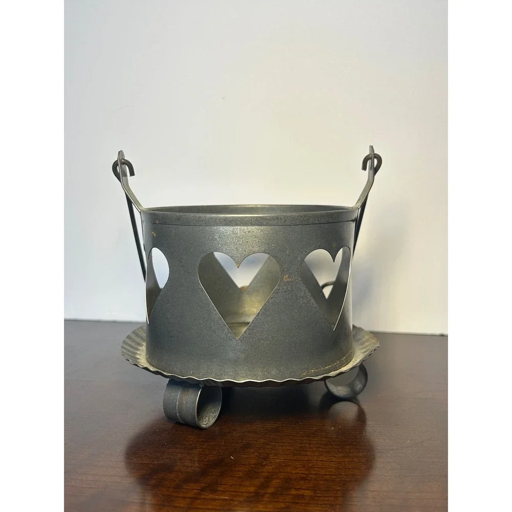 Vintage Galvanized Metal Heart Cutout Candle Holder Rustic Primitive Wood Handle